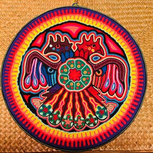 Huichol Indigenous Fair Trade Eagles Yarn Painting Native Made Peyote Art Blue Deer Indigenous Hand Made Peyote Gift