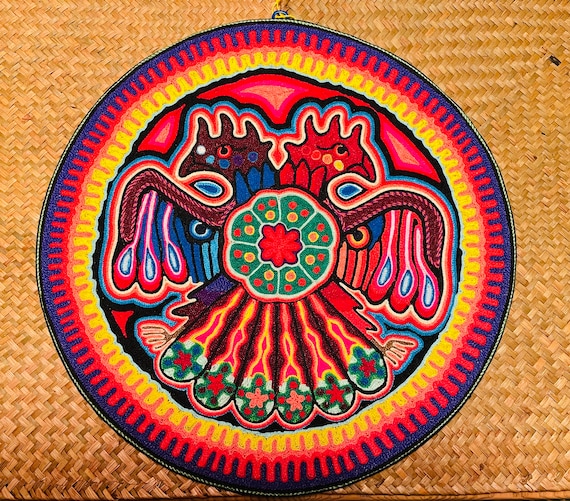 Huichol Indigenous Fair Trade Eagles Yarn Painting Native Made Peyote Art Blue Deer Indigenous Hand Made Peyote Gift