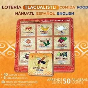 Comida de lotería náhuatl Lotería azteca y juego de cartas de memoria Kit de juego 2 en 1 Juego de bingo Tarjetas náhuatl tradicionales mexicanas