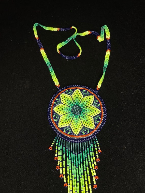 Huichol Beaded Medicine Pouch Necklace Medallion Beaded Jewelry Indigenous Made Fair Trade Boho Gift Peyote Pattern