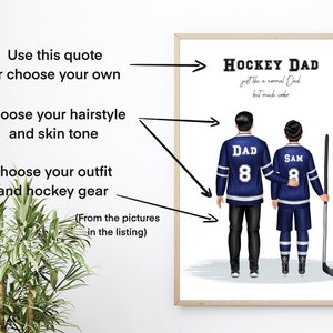 Pu&ograve; includere: Stampa incorniciata con due figure in maglie da hockey, una con "DAD" e l'altra con "SAM", entrambe con il numero 8. Il testo "HOCKEY DAD" &egrave; in alto, con testo aggiuntivo in basso. L'immagine include istruzioni per la personalizzazione.