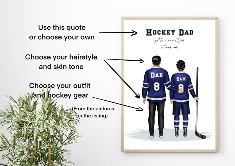 Pu&ograve; includere: Stampa incorniciata con due figure in maglie da hockey, una con "DAD" e l'altra con "SAM", entrambe con il numero 8. Il testo "HOCKEY DAD" &egrave; in alto, con testo aggiuntivo in basso. L'immagine include istruzioni per la personalizzazione.