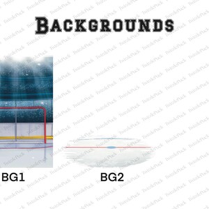 Pu&ograve; includere: Immagine con due sfondi a tema hockey etichettati BG1 e BG2. BG1 mostra un campo da hockey con una rete da porta rossa e un'arena illuminata di blu. BG2 raffigura un campo da hockey con una linea centrale.