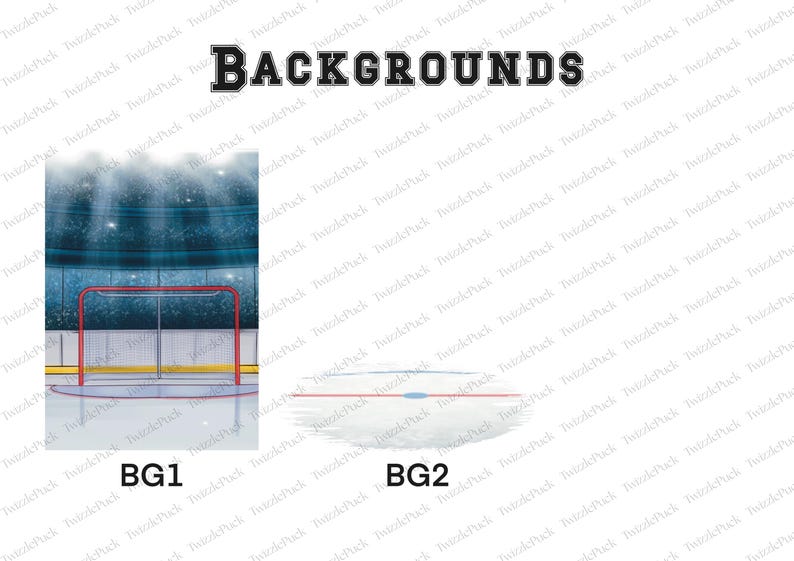 Pu&ograve; includere: Immagine con due sfondi a tema hockey etichettati BG1 e BG2. BG1 mostra un campo da hockey con una rete da porta rossa e un'arena illuminata di blu. BG2 raffigura un campo da hockey con una linea centrale.