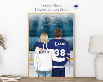 Personalised Ice Hockey Couple Print, Custom Hockey Portrait, Hockey Boyfriend Gift, Anniversary or Valentines Gift, Jersey Name & Number