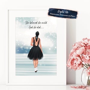 Impressão digital personalizada de patinadora artística, retrato com citação motivacional, retrato de patinadora no gelo, impressão personalizada de patinadora no gelo, presente para adolescente