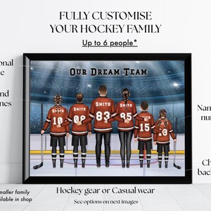 Impresión familiar de hockey personalizada (hasta 6 personas), retrato de hockey sobre hielo personalizado, regalo familiar de hockey grande, arte digital de pared con nombre y número de camiseta imagen 3