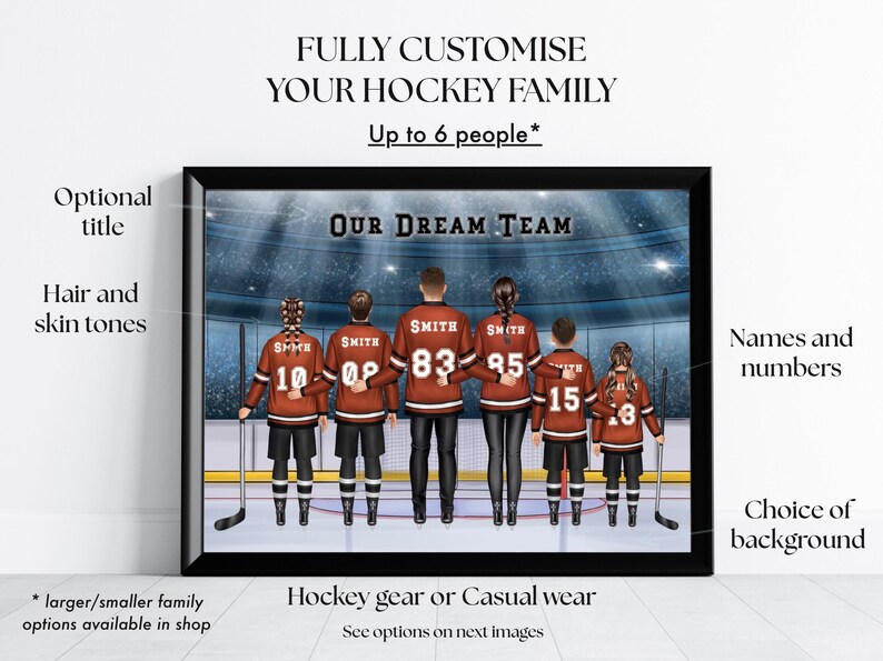 Impresión familiar de hockey personalizada (hasta 6 personas), retrato de hockey sobre hielo personalizado, regalo familiar de hockey grande, arte digital de pared con nombre y número de camiseta imagen 3