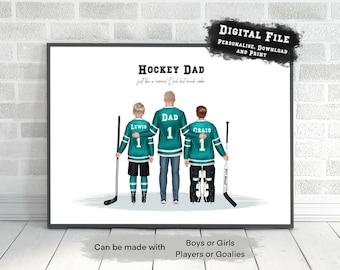 Ritratto personalizzato di papà che gioca a hockey, stampa di hockey su ghiaccio, regalo personalizzato per papà, stampa di hockey su ghiaccio, regalo personalizzato, padre e figlio giocatori di hockey