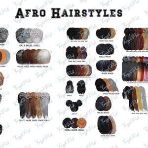 Pu&ograve; includere: Su sfondo bianco, sono presentate varie acconciature afro in diversi colori e stili. Il testo "AFRO HAIRSTYLES" &egrave; in alto. Ogni acconciatura &egrave; etichettata con un codice, come MA1, MA2, WA1, ecc.