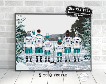 Gepersonaliseerde ijshockeyfamilieprint, cadeau voor hockeyspeler, cadeau voor hockeyfamilie, hockeyvader aanwezig, ijshockeycadeau, aangepast portret