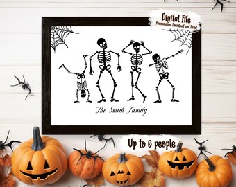 Personalised Skeleton Family Portrait, Halloween Family Print, Skeleton Wall Art, Custom Family Halloween Decor