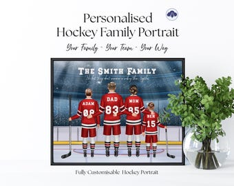 Personalised Hockey Family Portrait (Up to 4 People), Ice Hockey Team Print, Our Team Wall Art, Digital Download