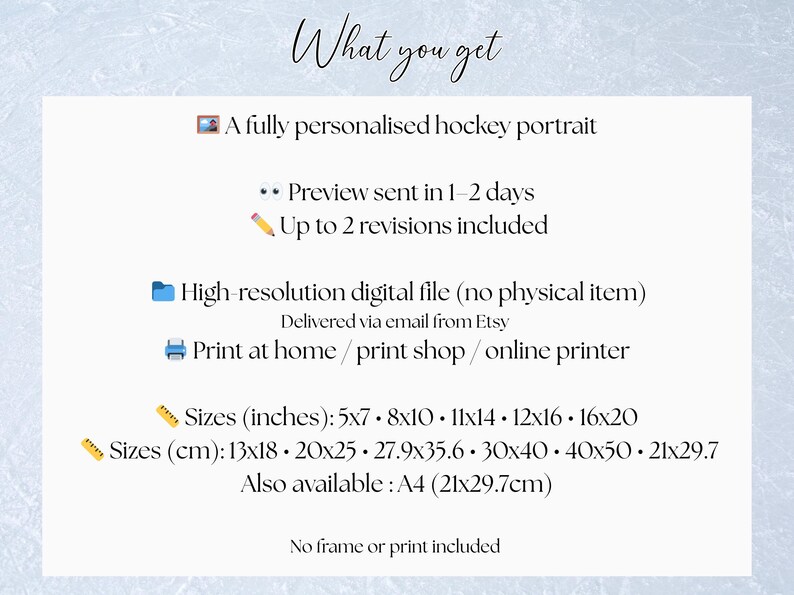 Pu&ograve; includere: Testo su sfondo bianco che descrive un ritratto di hockey personalizzato. Include dimensioni in cm: 13x18, 20x25, 27,9x35,6, 30x40, 40x50 e 21x29,7. Include anche dimensioni in pollici: 5x7, 8x10, 11x14, 12x16 e 16x20. Il testo indica che si tratta di un file digitale ad alta risoluzione.