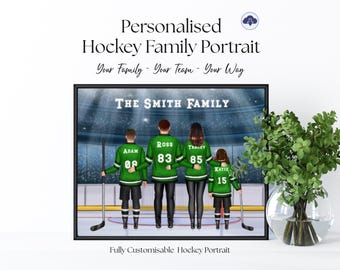 Ritratto di famiglia personalizzato per giocatori di hockey (fino a 4 persone), stampa personalizzata per la famiglia di giocatori di hockey su ghiaccio, regalo per papà giocatore di hockey, arte murale digitale con nome e numero di maglia