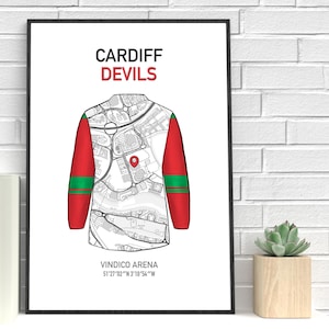 May include: A framed print featuring a stylized jersey design with a map overlay. The jersey has red sleeves with green stripes and a white body. The text "CARDIFF DEVILS" is at the top, and "VINDICO ARENA" with coordinates is at the bottom.