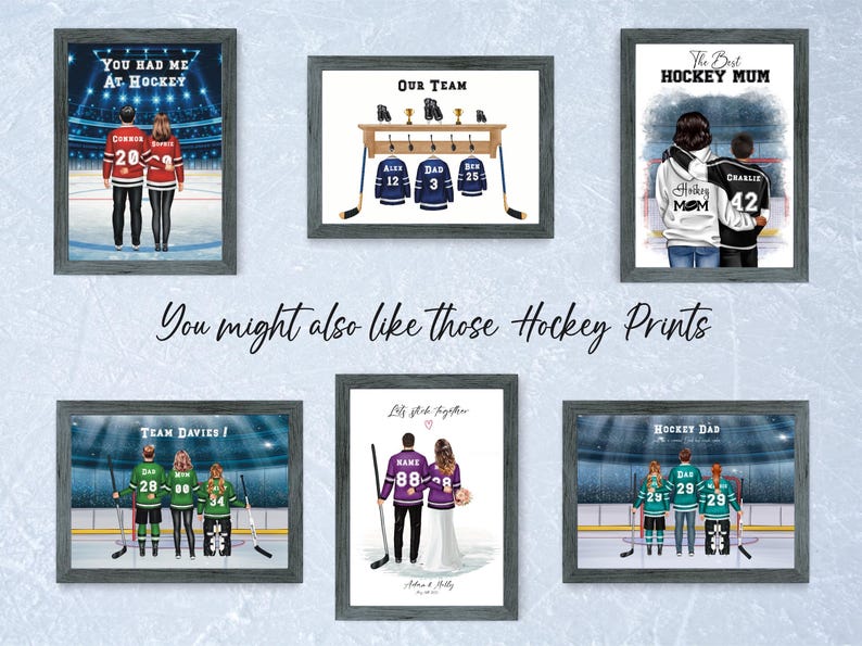 Impresión familiar de hockey personalizada (hasta 6 personas), retrato de hockey sobre hielo personalizado, regalo familiar de hockey grande, arte digital de pared con nombre y número de camiseta imagen 15