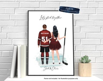 Retrato de pareja de hockey sobre hielo personalizado, impresión de hockey sobre hielo, regalo personalizado para él, regalo de hockey sobre hielo, regalo de Navidad, regalo personalizable,