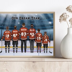 Impresión familiar de hockey personalizada (hasta 6 personas), retrato de hockey sobre hielo personalizado, regalo familiar de hockey grande, arte digital de pared con nombre y número de camiseta imagen 2