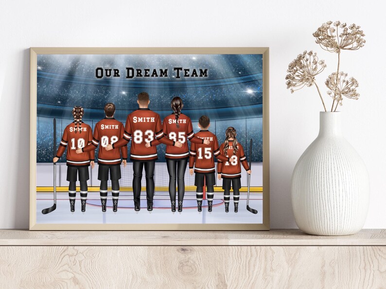 Impresión familiar de hockey personalizada (hasta 6 personas), retrato de hockey sobre hielo personalizado, regalo familiar de hockey grande, arte digital de pared con nombre y número de camiseta imagen 2