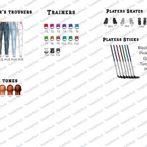 Pu&ograve; includere: Un'illustrazione con pantaloni da uomo, scarpe da ginnastica, pattini da giocatore, bastoni da giocatore e opzioni di tonalit&agrave; della pelle. I bastoni da giocatore sono disponibili in nero, blu, rosa, rosso, verde, turchese e viola.
