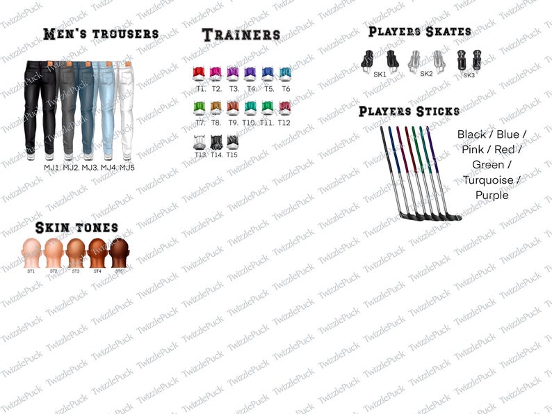 Pu&ograve; includere: Un'illustrazione con pantaloni da uomo, scarpe da ginnastica, pattini da giocatore, bastoni da giocatore e opzioni di tonalit&agrave; della pelle. I bastoni da giocatore sono disponibili in nero, blu, rosa, rosso, verde, turchese e viola.