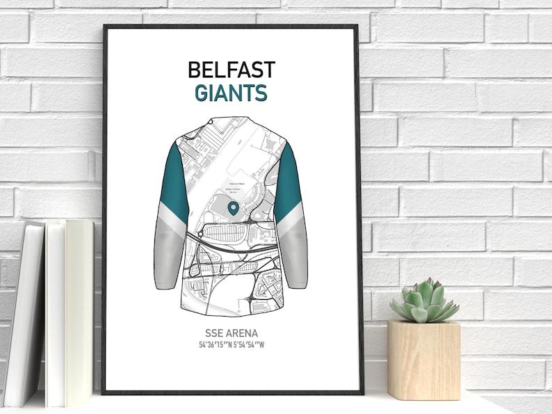 May include: A framed print featuring a jersey design with a map overlay. The words "BELFAST GIANTS" are at the top, with "SSE ARENA" and coordinates at the bottom. The jersey has teal and gray accents.