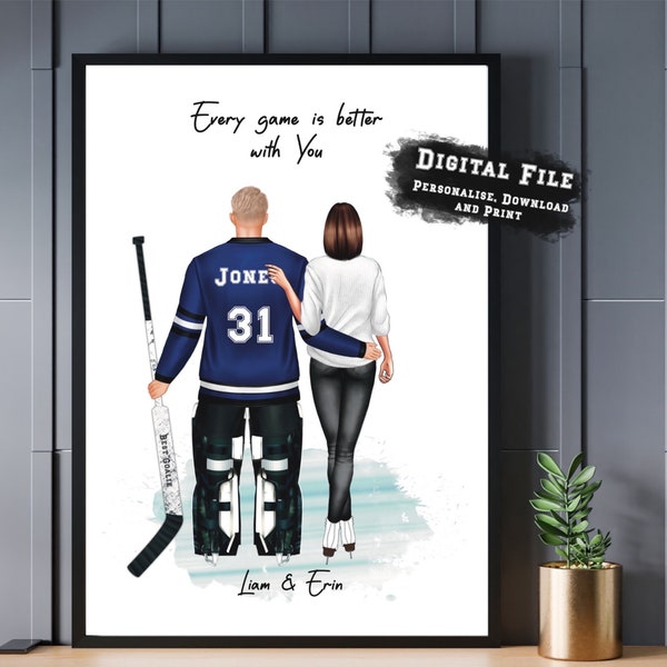 Personalised ice hockey goalie couple portrait, ice hockey print, personalised gift for him, Ice hockey gift, customisable Valentine's gift