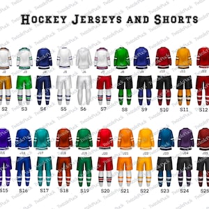 Pu&ograve; includere: Una collezione di maglie e pantaloncini da hockey in vari colori, tra cui blu, verde, rosso e giallo. L'immagine mostra le maglie e i pantaloncini con i numeri corrispondenti.