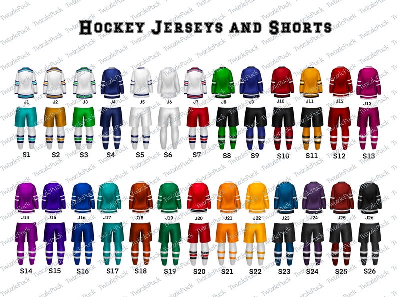 Pu&ograve; includere: Una collezione di maglie e pantaloncini da hockey in vari colori, tra cui blu, verde, rosso e giallo. L'immagine mostra le maglie e i pantaloncini con i numeri corrispondenti.