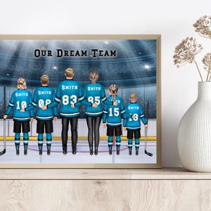 Impresión familiar de hockey personalizada (hasta 6 personas), retrato de hockey sobre hielo personalizado, regalo familiar de hockey grande, arte digital de pared con nombre y número de camiseta imagen 14