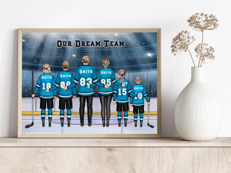 Impresión familiar de hockey personalizada (hasta 6 personas), retrato de hockey sobre hielo personalizado, regalo familiar de hockey grande, arte digital de pared con nombre y número de camiseta imagen 14