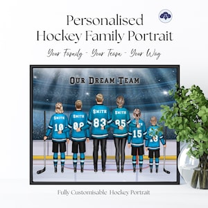 Impresión familiar de hockey personalizada (hasta 6 personas), retrato de hockey sobre hielo personalizado, regalo familiar de hockey grande, arte digital de pared con nombre y número de camiseta imagen 1