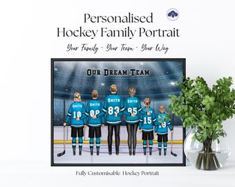 Gepersonaliseerde hockeyfamilieprint (maximaal 6 personen), aangepast ijshockeyportret, groot hockeyfamiliecadeau, jersey naamnummer digitale muurkunst