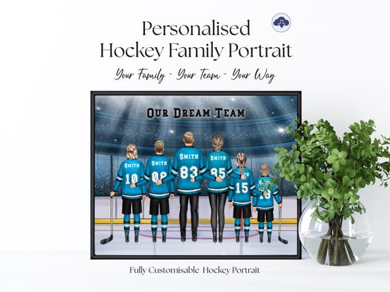 Personalised Hockey Family Print (Up to 6 People), Custom Ice Hockey Portrait, Large Hockey Family Gift, Jersey Name Number Digital Wall Art