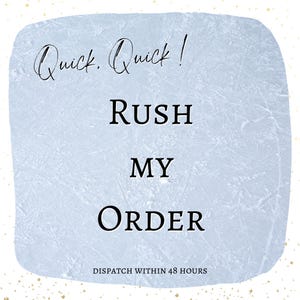 Può includere: Un grafico quadrato azzurro con angoli arrotondati che riporta il testo Quick, Quick! RUSH MY ORDER e DISPATCH WITHIN 48 HOURS in caratteri neri. Lo sfondo ha un aspetto strutturato e graffiato che ricorda il ghiaccio con macchie dorate.