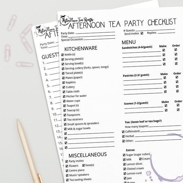 Afternoon Tea Party Checklist | Guest List Checklist | Printable & Digital File | High Tea Party Checklist