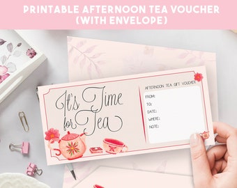 Afternoon Tea Voucher With Envelope  | Tea Gift | Printable Gift Certificate Voucher Template | Printable Voucher Coupon, PDF | JPG