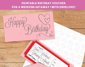 Surprise Birthday Weekend Getaway Voucher |  Funny Romantic Coupon With Envelope  | Printable Gift Certificate Voucher | PDF | JPG