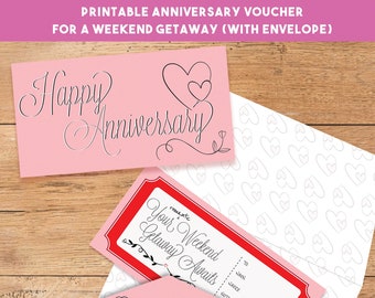 Anniversary Voucher for a weekend getaway |  Funny Romantic Coupon With Envelope  | Printable Gift Certificate Voucher | PDF | JPG