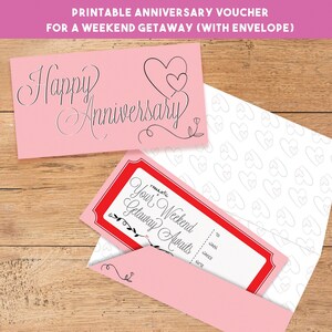 Bono de aniversario para escapada de fin de semana / Cupón romántico divertido con sobre / Bono regalo imprimible / PDF / JPG