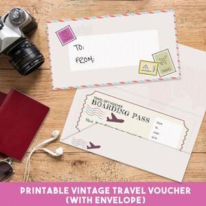 Vintage Reisegutschein Mit Umschlag | Reisegeschenk | Geschenkgutschein Gutschein Vorlage | Gutschein Coupon zum Ausdrucken, PDF | JPG