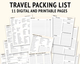 Printable Travel Packing List | Editable checklist for travel essentials on the plane or road trip |  Vacation planner organization list PDF