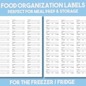 Könnte beinhalten: Weiße Etiketten zur Lebensmittelorganisation mit Platz für Inhalt, Datum und Portionen. Enthält Kontrollkästchen für gewaschen, geschnitten und gekocht. Der Text oben lautet "FOOD ORGANIZATION LABELS PERFECT FOR MEAL PREP & STORAGE". Unten steht "FOR THE FREEZER / FRIDGE".