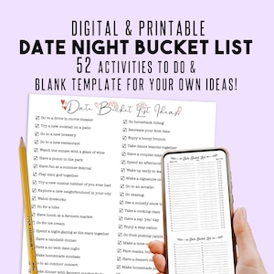 52 Date Night Ideen (mit leerer Vorlage für Deine eigenen Date Night Ideen!) | Datum Bucketlist | ausdruckbares Paar Geschenk |  8,5 x 11 bearbeitbares PDF
