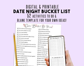 52 Date Night Ideas Bucket List: Printable Couples Gift (Editable and Printable)