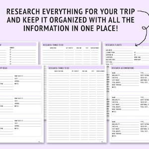 Pages included! Research pages for accommodation, flights, day trip ideas, what to see and what to eat! Stay organized for your trip with this trip planner and keep all your information in one place!