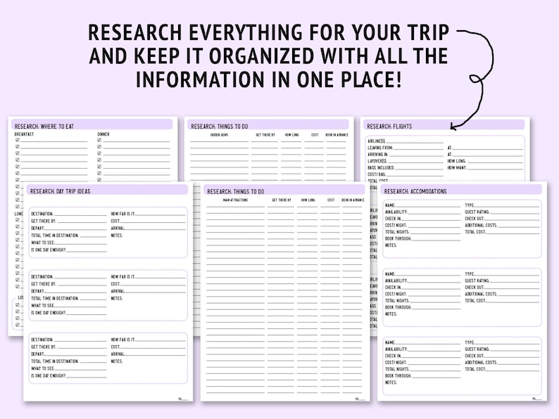 Pages included! Research pages for accommodation, flights, day trip ideas, what to see and what to eat! Stay organized for your trip with this trip planner and keep all your information in one place!