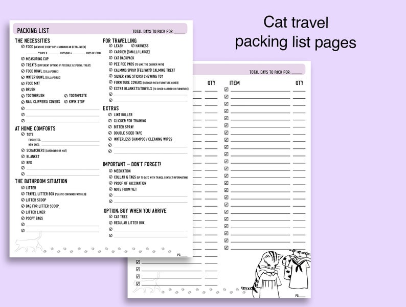 Cat Travel Planner Pet Friendly Travel Planner 8.5 x 11 Printable Digital Download Cat Packing List Cat Travel Checklist image 5