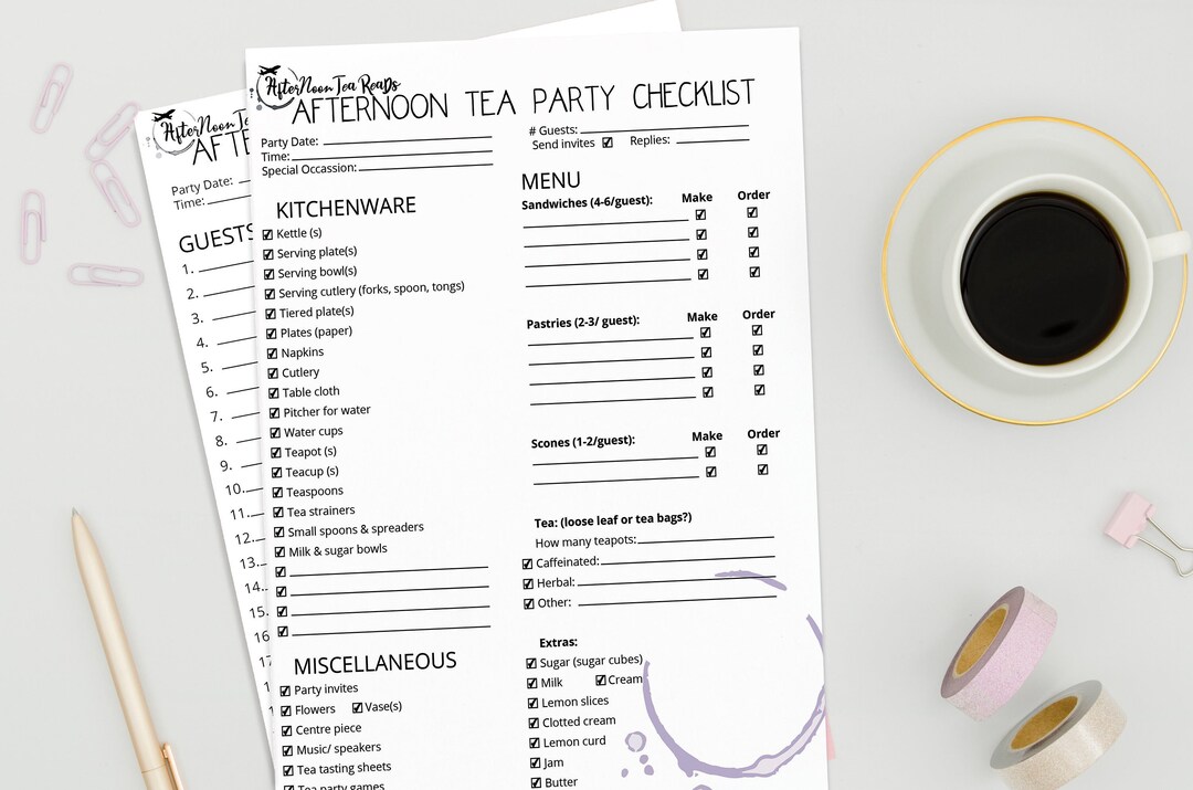 Afternoon Tea Party Checklist Guest List Checklist Printable & Digital